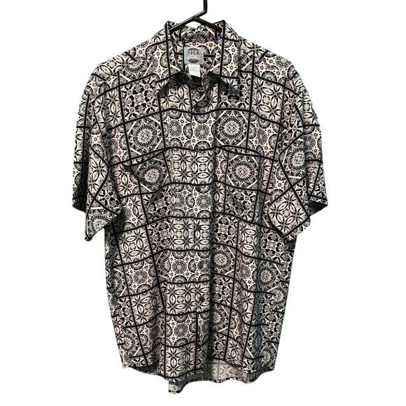 Silk Uomo by Nak 100% Silk Cream & Black Geometric Sun Men's Button Down Medium - Picture 1 of 9